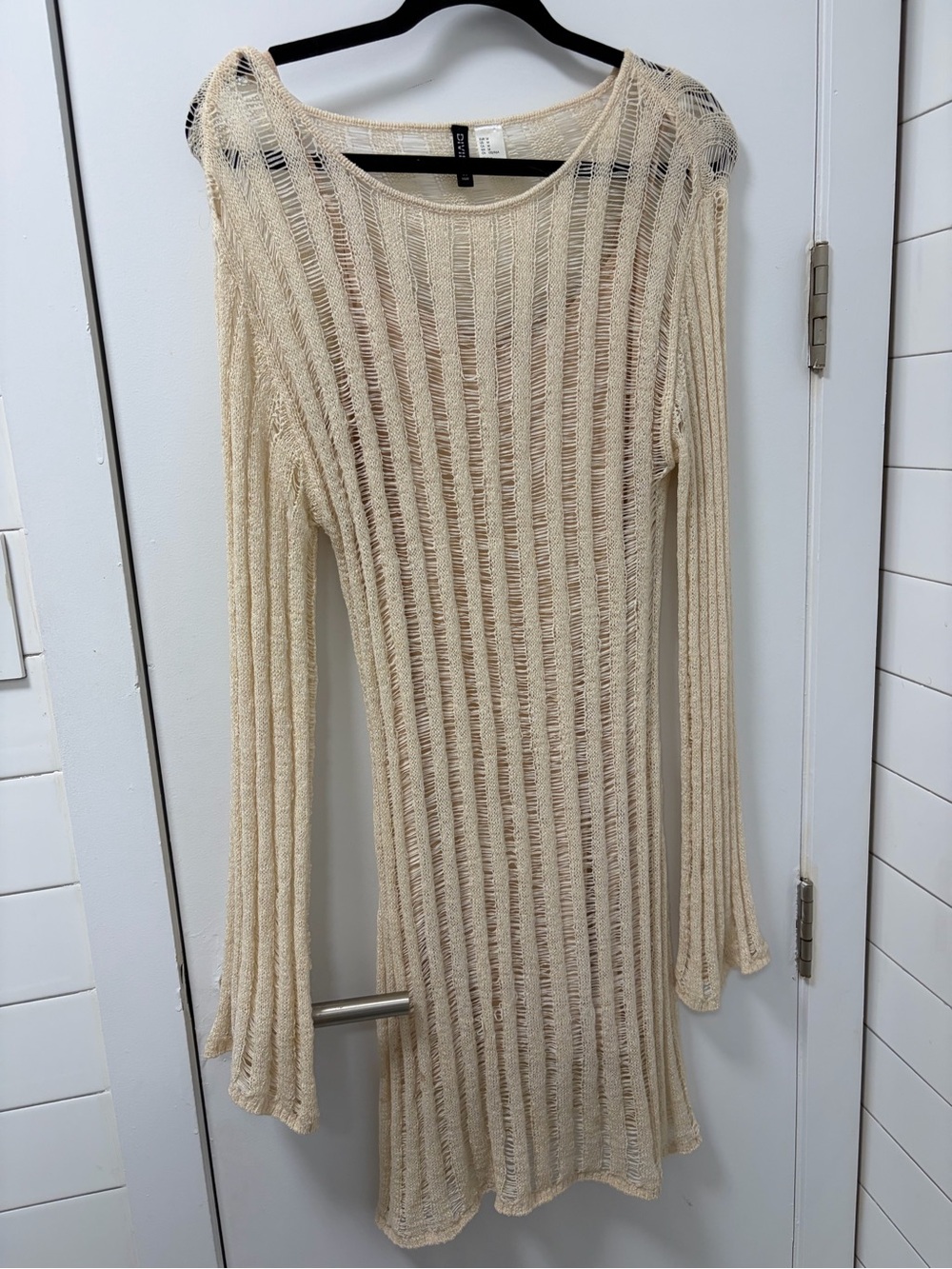 Light Cream Ribbed Knit Long Sleeve Women's Dress/coverup